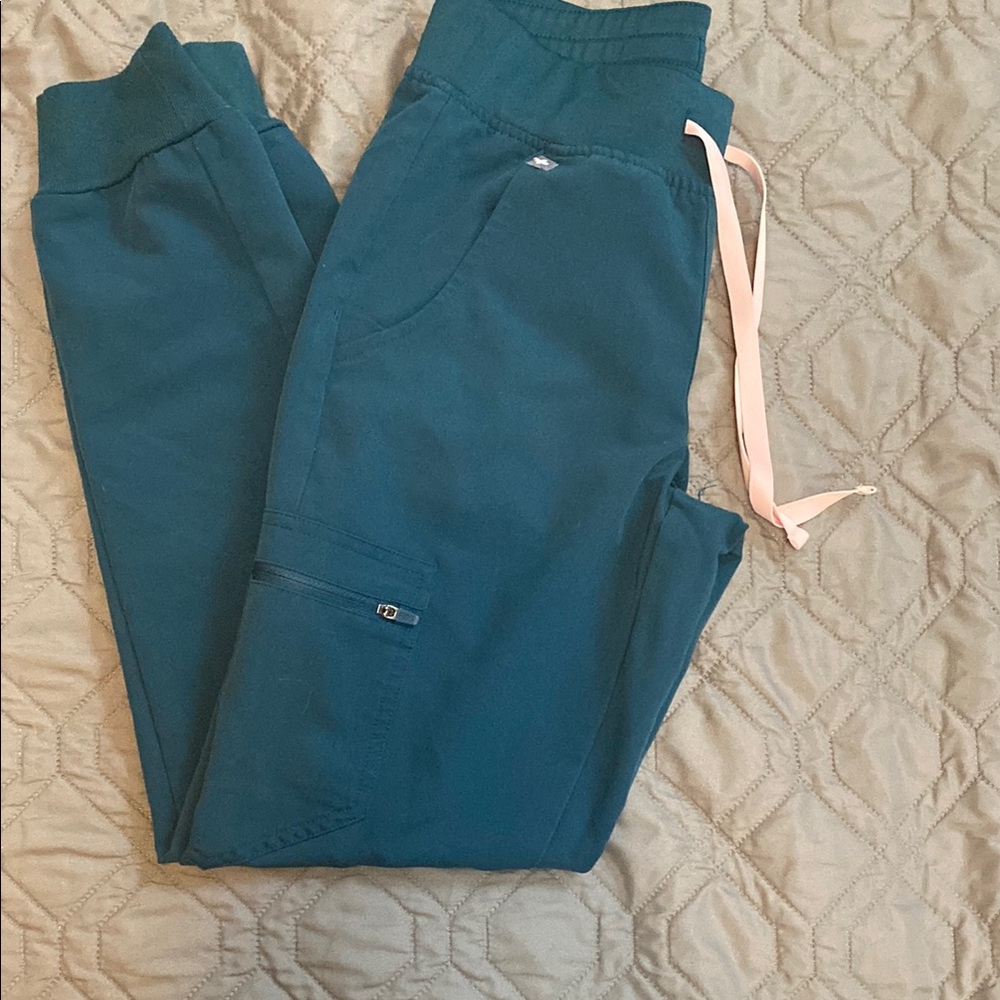 FIGS Teal Jogger Pants with Pink Drawstring